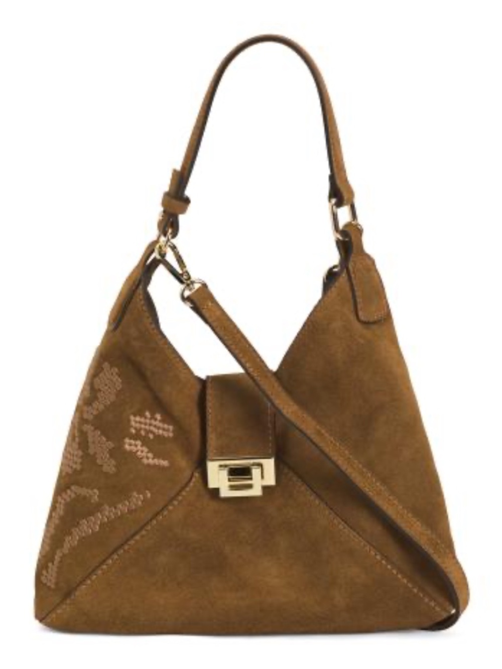 Divina Firenze Dark Honey Suede Shoulder Bag Gold-Tone Clasp, Crossbody Strap